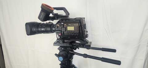 Blackmagic URSA Broadcast G2 camera control-side profile on professional tripod